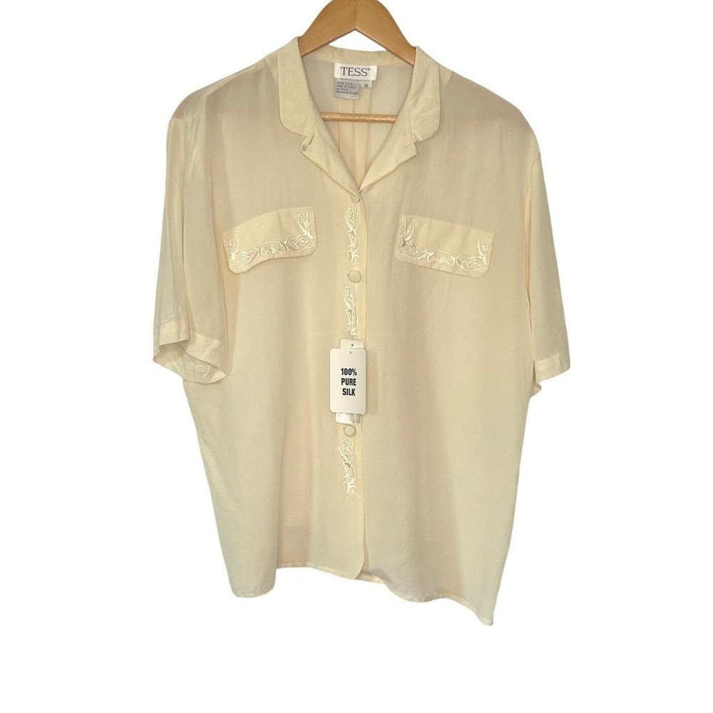 Vtg Tess 90s 100% Silk Semi Sheer Blouse L/XL Ivory NWT Deadstock Cottagecore